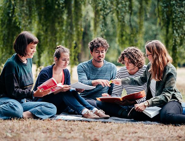 Studierende sitzen gemeinsam und reden
