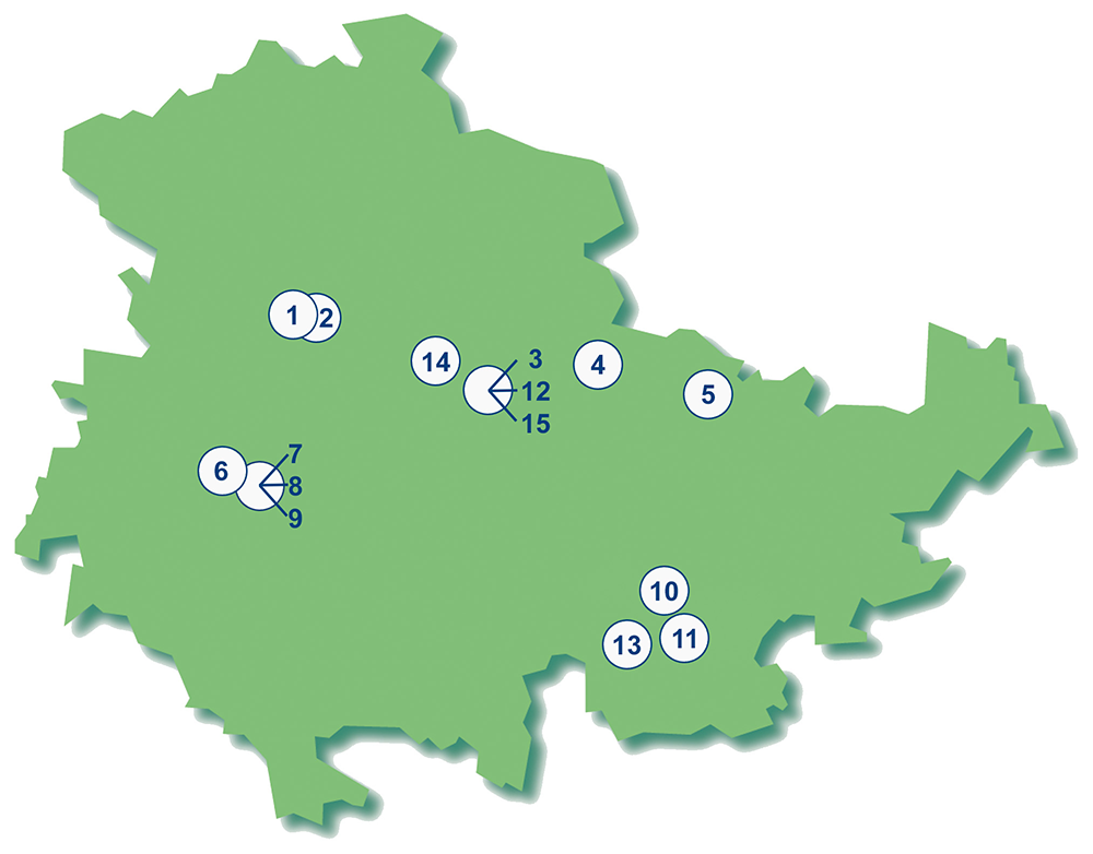 Schematic Thuringia map with the company locations of the regional partners