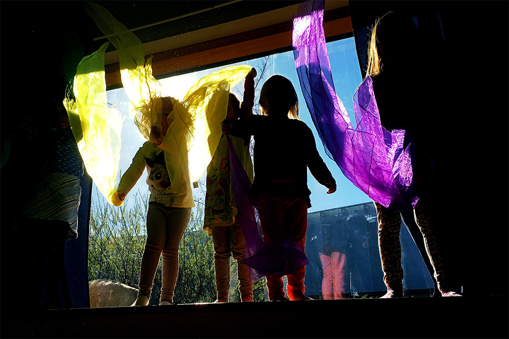 children waving with scarves